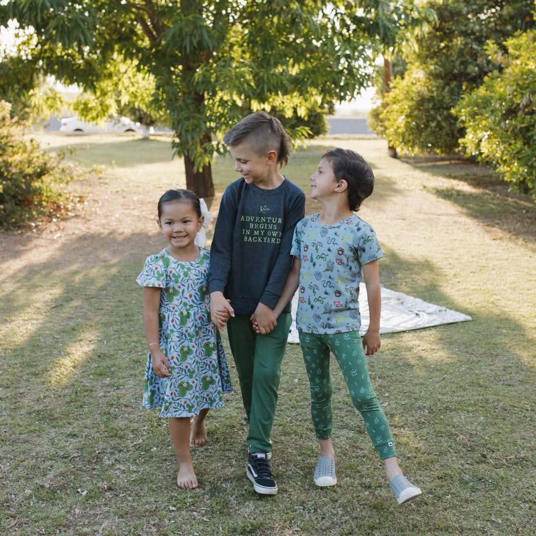 Youth Graphic Bamboo Raglan Sleeve Pullover | Adventures Begin In My Own Backyard In Charcoal