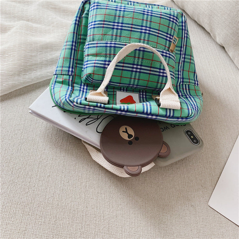 Fashion Mini Cartoon Plaid Children's Backpack – Cute Strawberry Canvas Bag for Kids