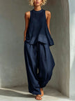 Sheer Round-neck Sleeveless Tank Top And Drawstring Wide-leg Pants Set