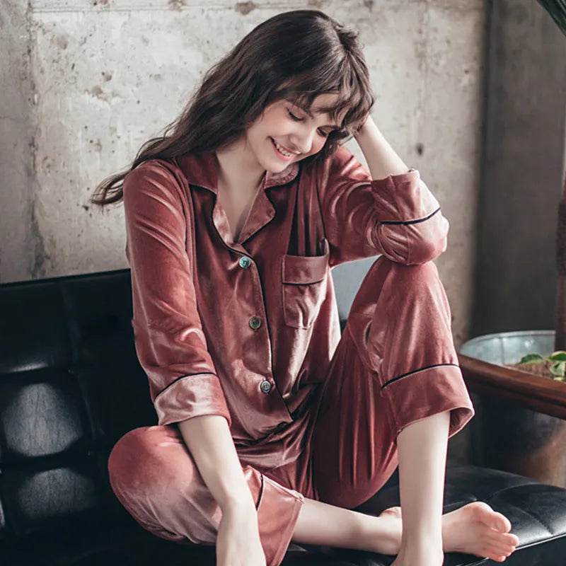 2pcs Couple Gold Velvet Long Sleeve Pajamas set