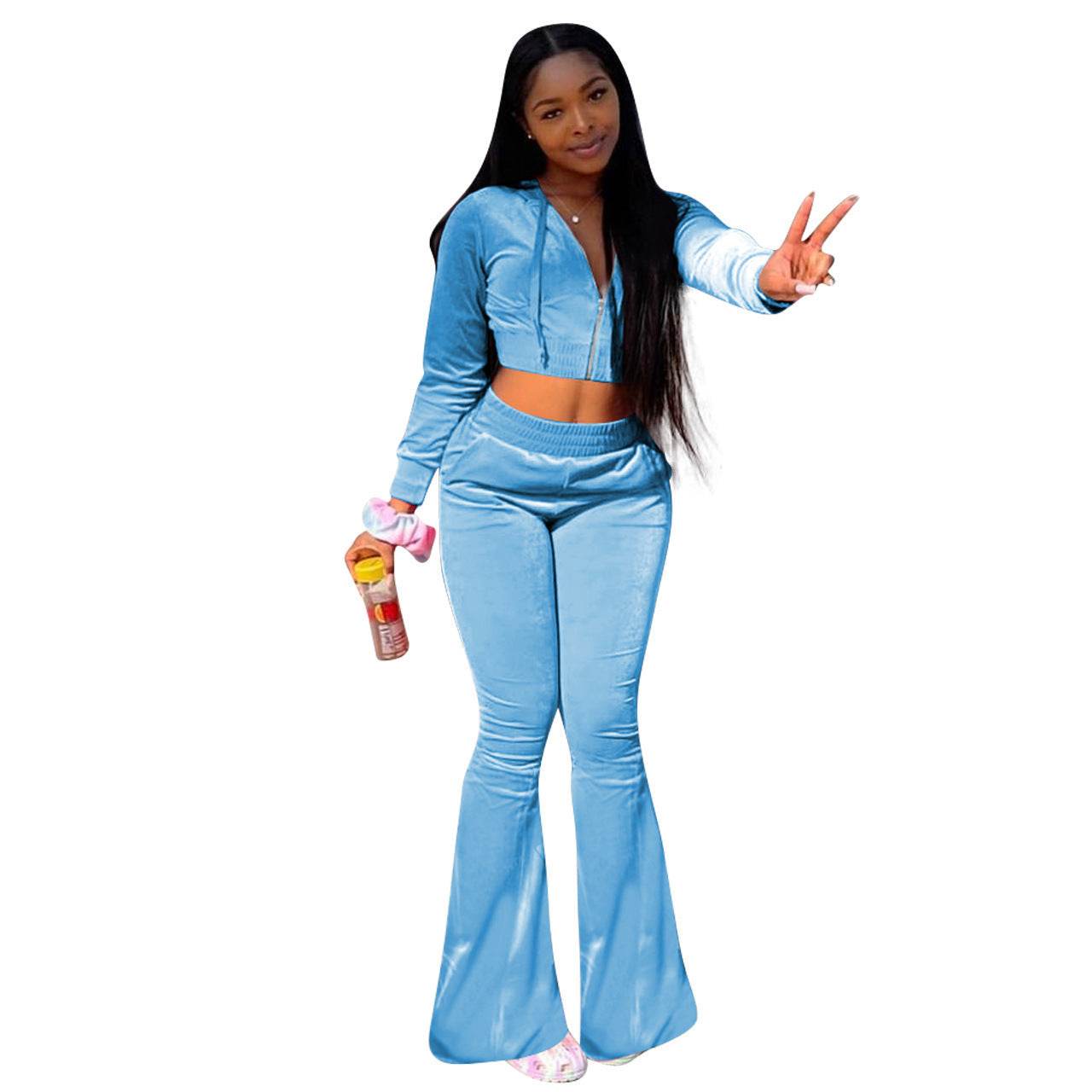 Women 2pcs Velvet Hoodie Wide leg Pant Crop top sweatsuit Athleisure Outfit