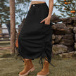 American-style Casual Denim Drawstring Midi Cargo Skirt