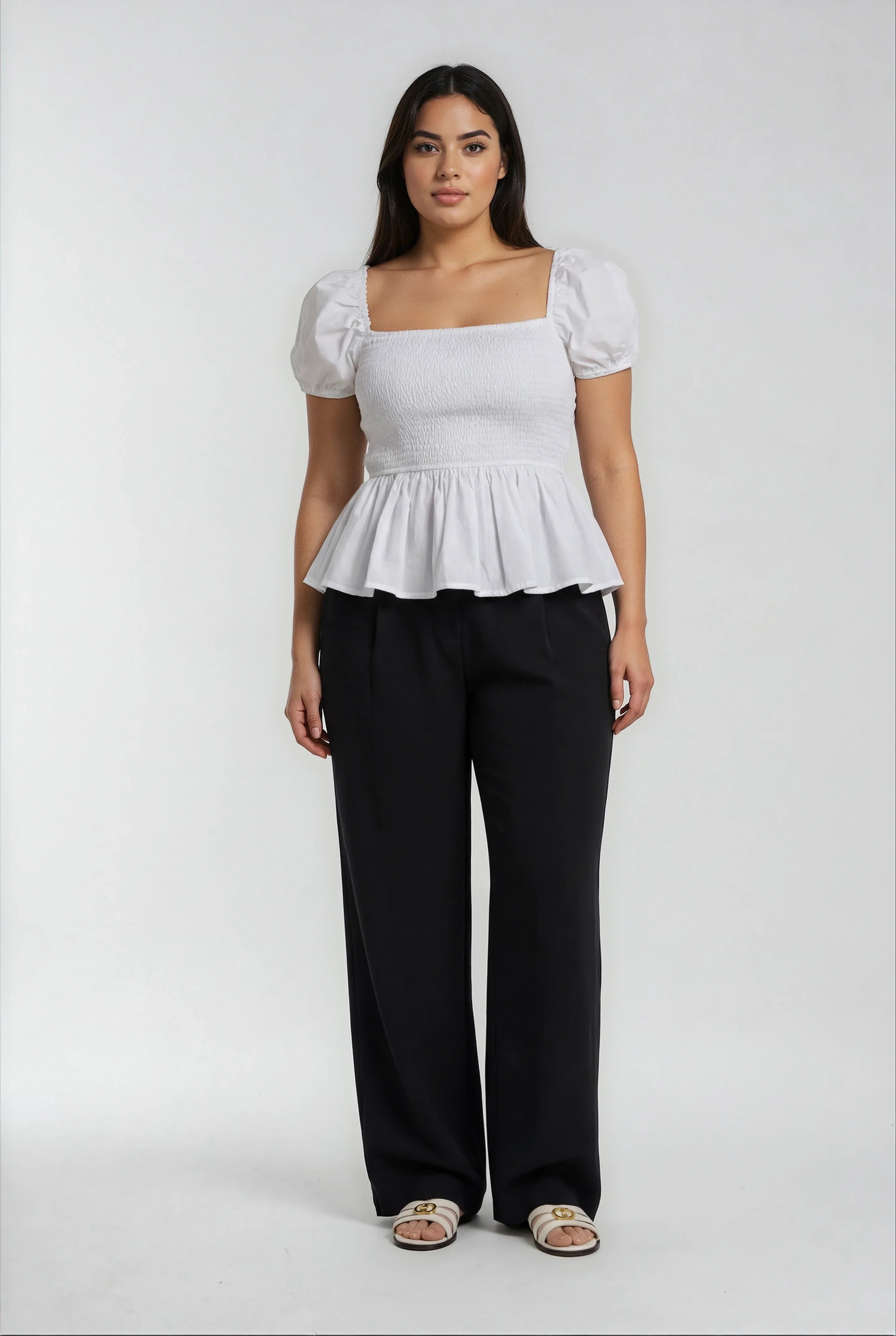 Sera – Cotton Poplin Puff Sleeve Peplum Blouse Top In White