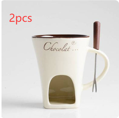 Mini Fondue Mug Set – Personal Ceramic Chocolate & Cheese Melting Pot with Fork (Beige, Coffee & Red)