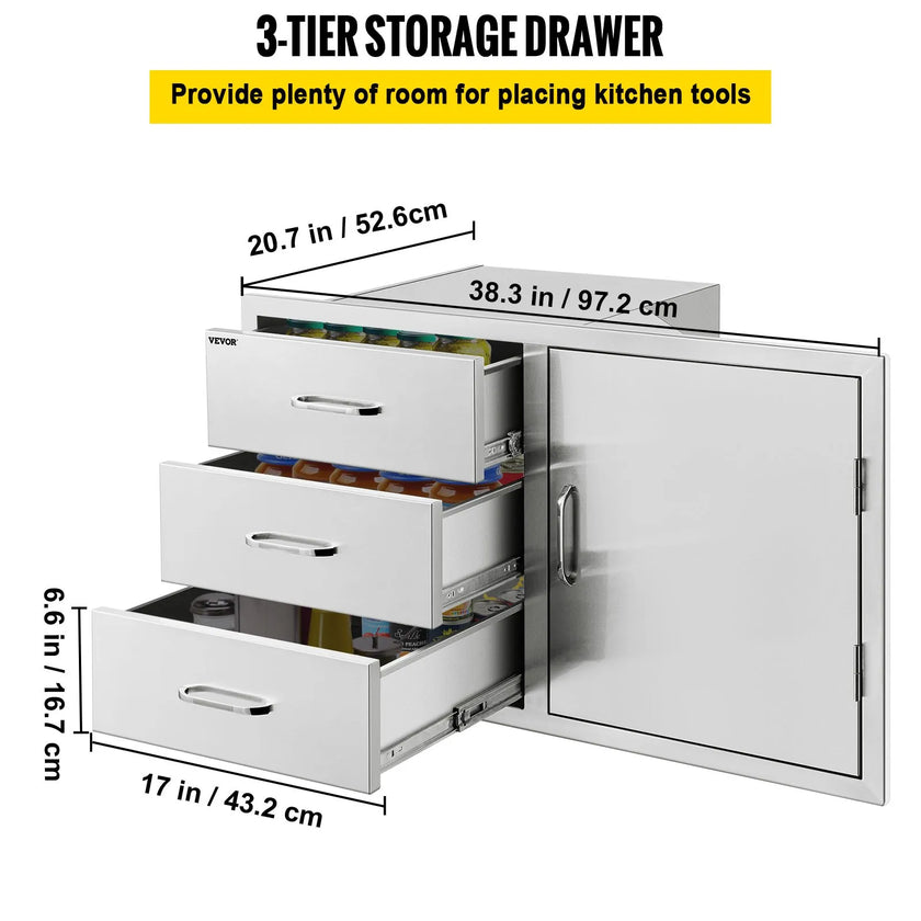 VEVOR Outdoor Kitchen Door Drawer Combo 38.1\'\'W x 22.6\'\'H x 20.8\'\'D, BBQ Access Door/Triple Drawers Combo with Stainless Steel Handles, Perfect for BBQ Island Patio Grill Station