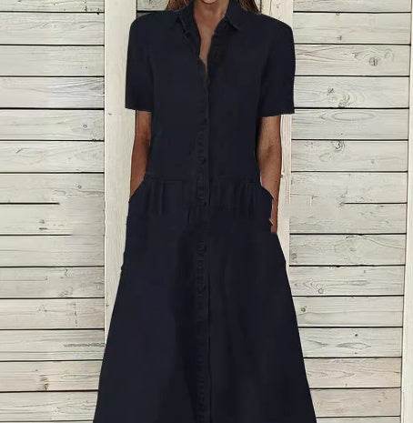 Women's European And American Lapel Casual loose button down Midi Denim jeans Mum Dress