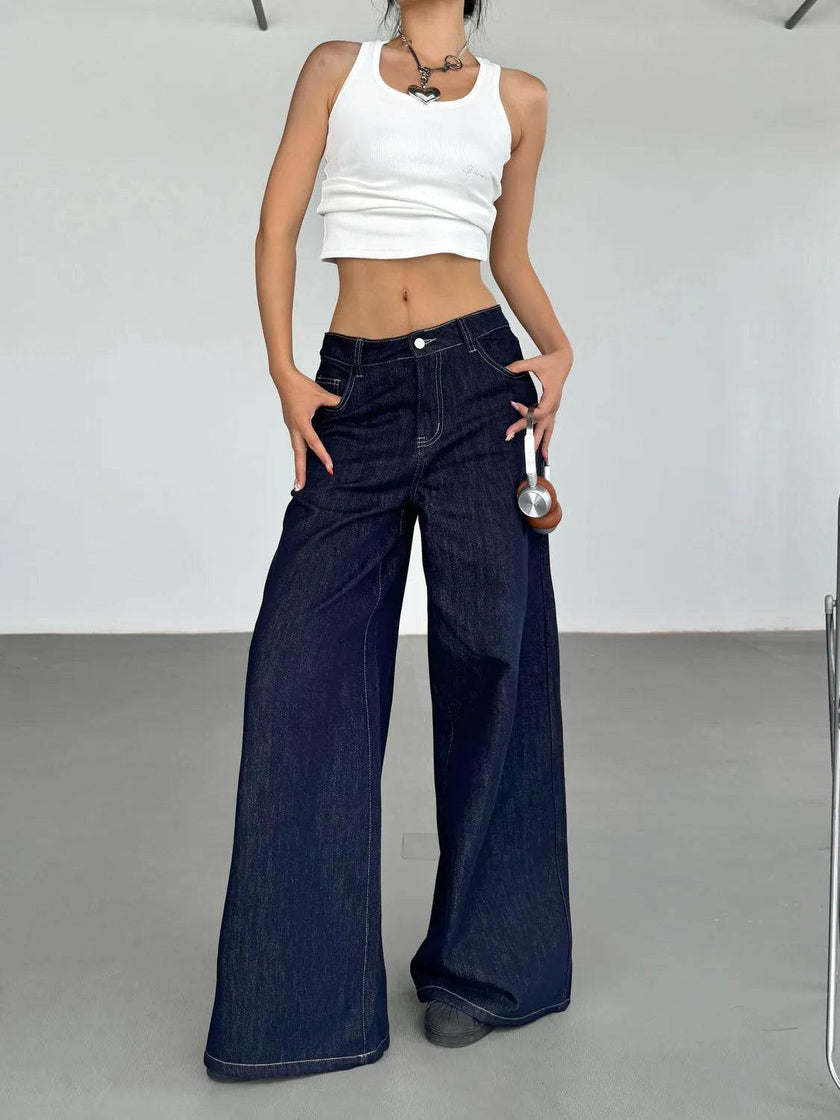 Fashion American Retro Wide Leg Baggy Jeans Pant For Women