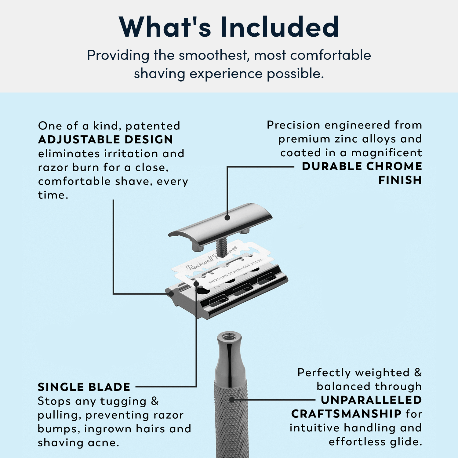 Rockwell 2C Adjustable DE Safety Razor - White Chrome (2 Settings)