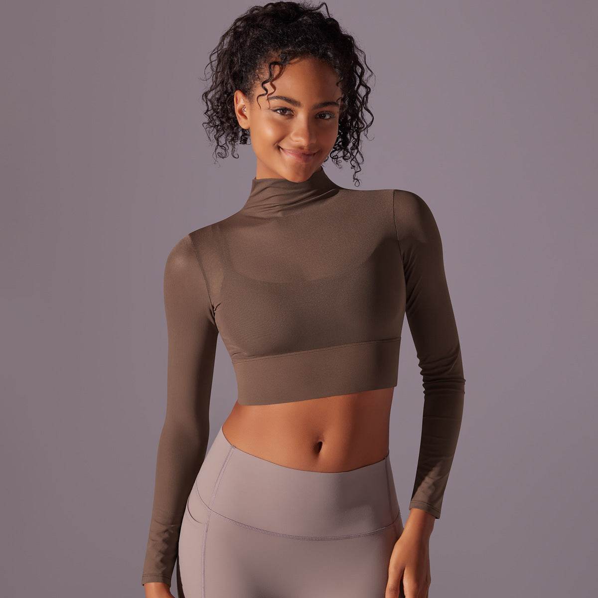 Quick Drying Gym Slim Fit Mesh Turtleneck Long Sleeve Workout Crop Top