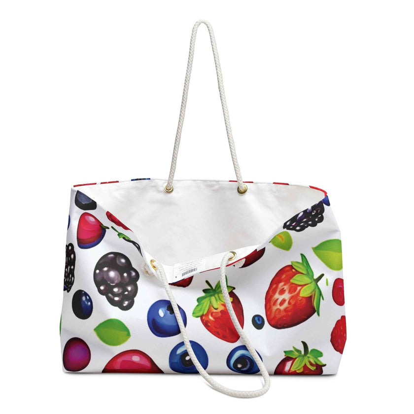 Mixed Berries Pattern Weekender Bag | Strawberries Blueberries Blackberries, Large Tote Bag