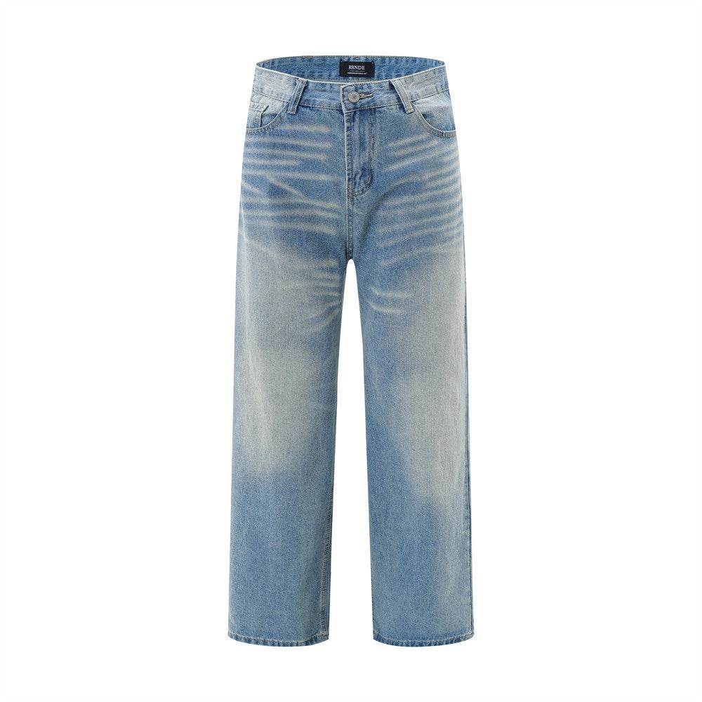 American Retro Wash Gradient Spray Painting Denim Trousers Men Jeans