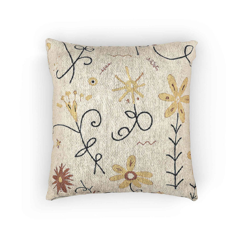 Neutral Floral Embroidered Woven Pillow | Boho Farmhouse Throw Cushion