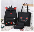 Cat Print 4-Piece Canvas School Backpack Set – Girls' Back-to-School Bag (Yellow, Grey, Black, Pink)