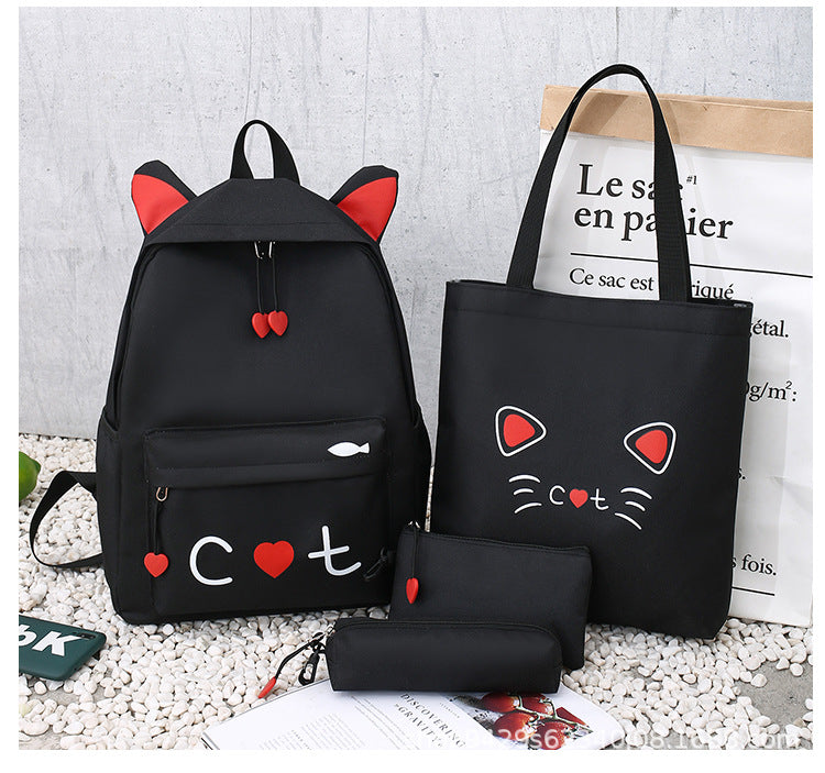 Cat Print 4-Piece Canvas School Backpack Set – Girls' Back-to-School Bag (Yellow, Grey, Black, Pink)