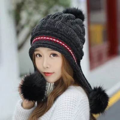 Women Cozy Knit Fleece-Feel Beanie With Ear Flaps Winter Hat Perfect For Skiing & Outdoor Activities