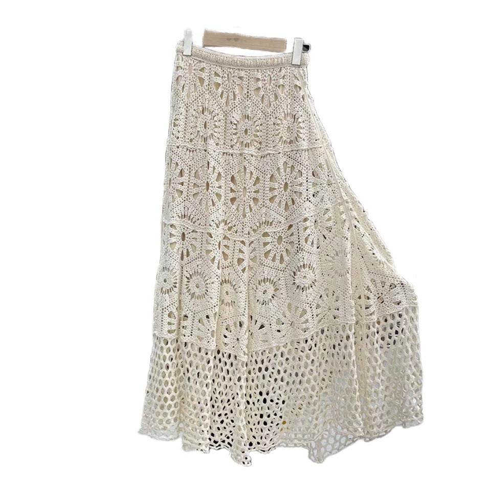 Spring Summer Crochet Lace Patchwork A- Line Beach Skirt Holiday Style Hollow-out flared flowy Maxi Skirt