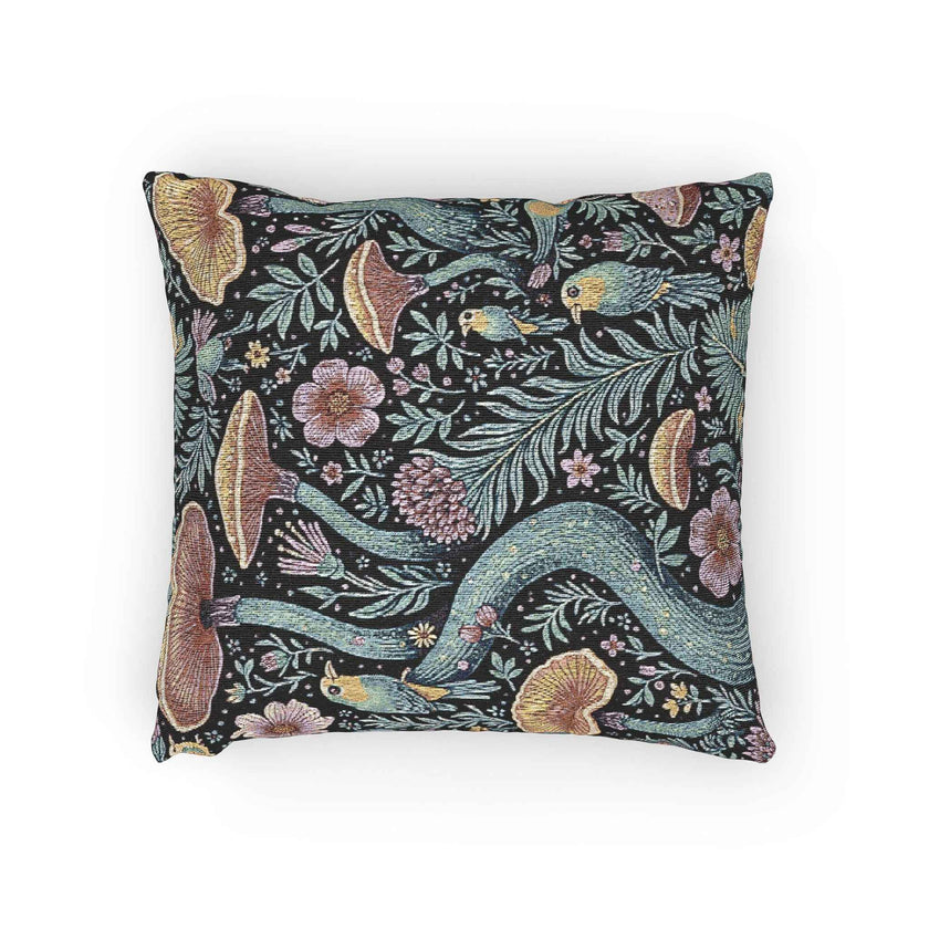 Mushroom and Fern Tapestry Pillow | Woven Decorative Throw Pillow