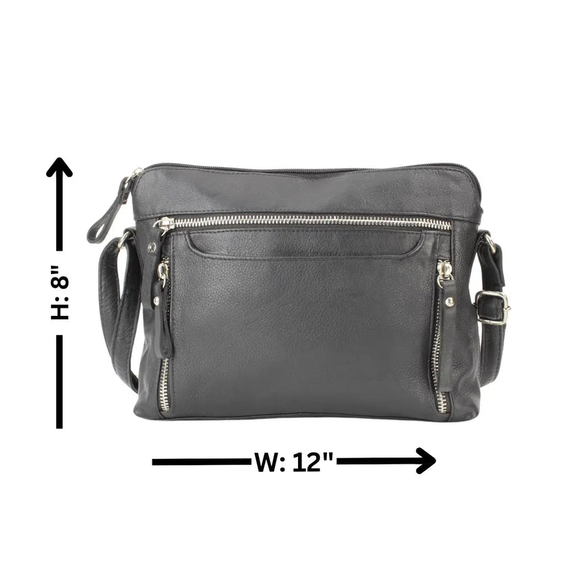 Leather Crossbody Slim Bag with Zippered Pockets & Adjustable Strap