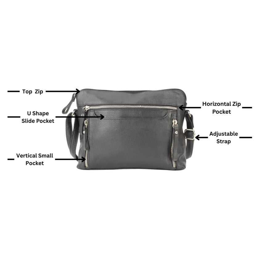 Leather Crossbody Slim Bag with Zippered Pockets & Adjustable Strap