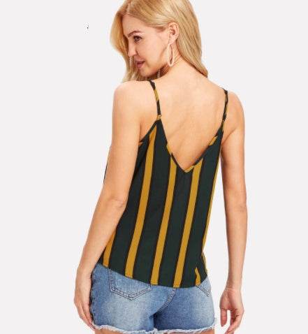 Casual Double V Neck Striped summer Top Spaghetti Strap Summer Multicolor Backless Tops