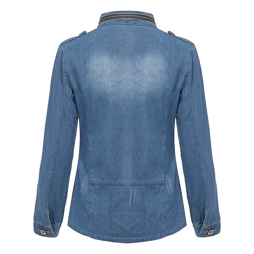 Fitted Zip up Lapel Women Denim Jacket