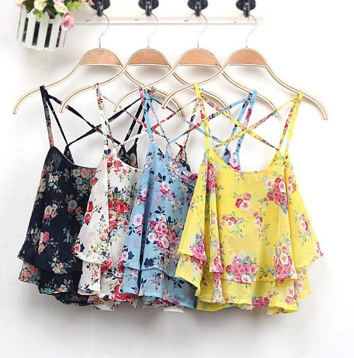 Women Summer Strap Floral Print Chiffon Blouse Tops Retro Floral Cross-Shoulder Shirts Sleeveless T