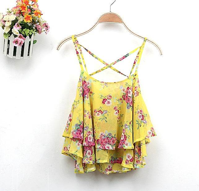 Women Summer Strap Floral Print Chiffon Blouse Tops Retro Floral Cross-Shoulder Shirts Sleeveless T