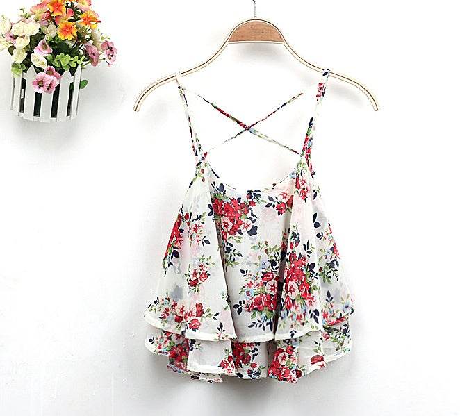 Women Summer Strap Floral Print Chiffon Blouse Tops Retro Floral Cross-Shoulder Shirts Sleeveless T