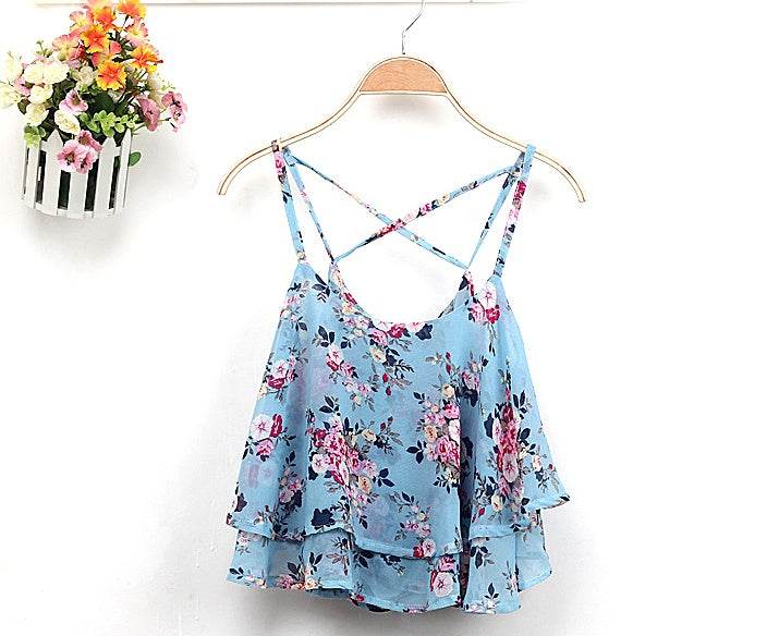 Women Summer Strap Floral Print Chiffon Blouse Tops Retro Floral Cross-Shoulder Shirts Sleeveless T