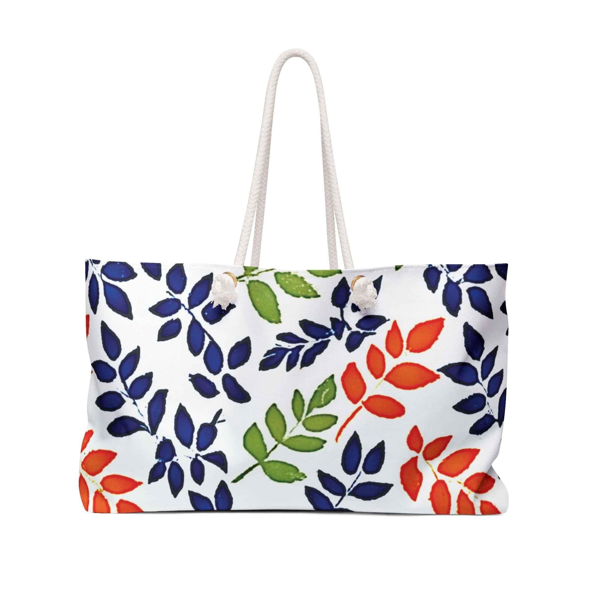 Colorful Leaf Pattern Weekender Bag | Navy Red Green Leaves, Large Tote Bag