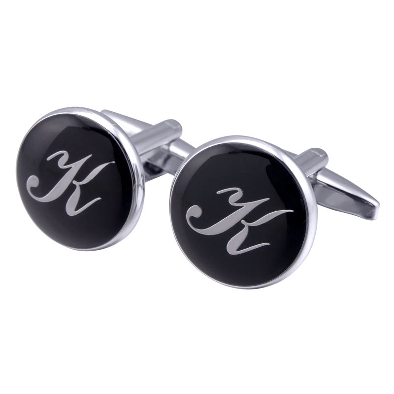 Men's Black Round Enamel Initial Letter Cufflinks – Brass & Crystal Formal Cufflinks A–Y | Canada & USA