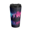 Neon City Skyline Stainless Steel Travel Mug — Retro Sunset Urban Thermos