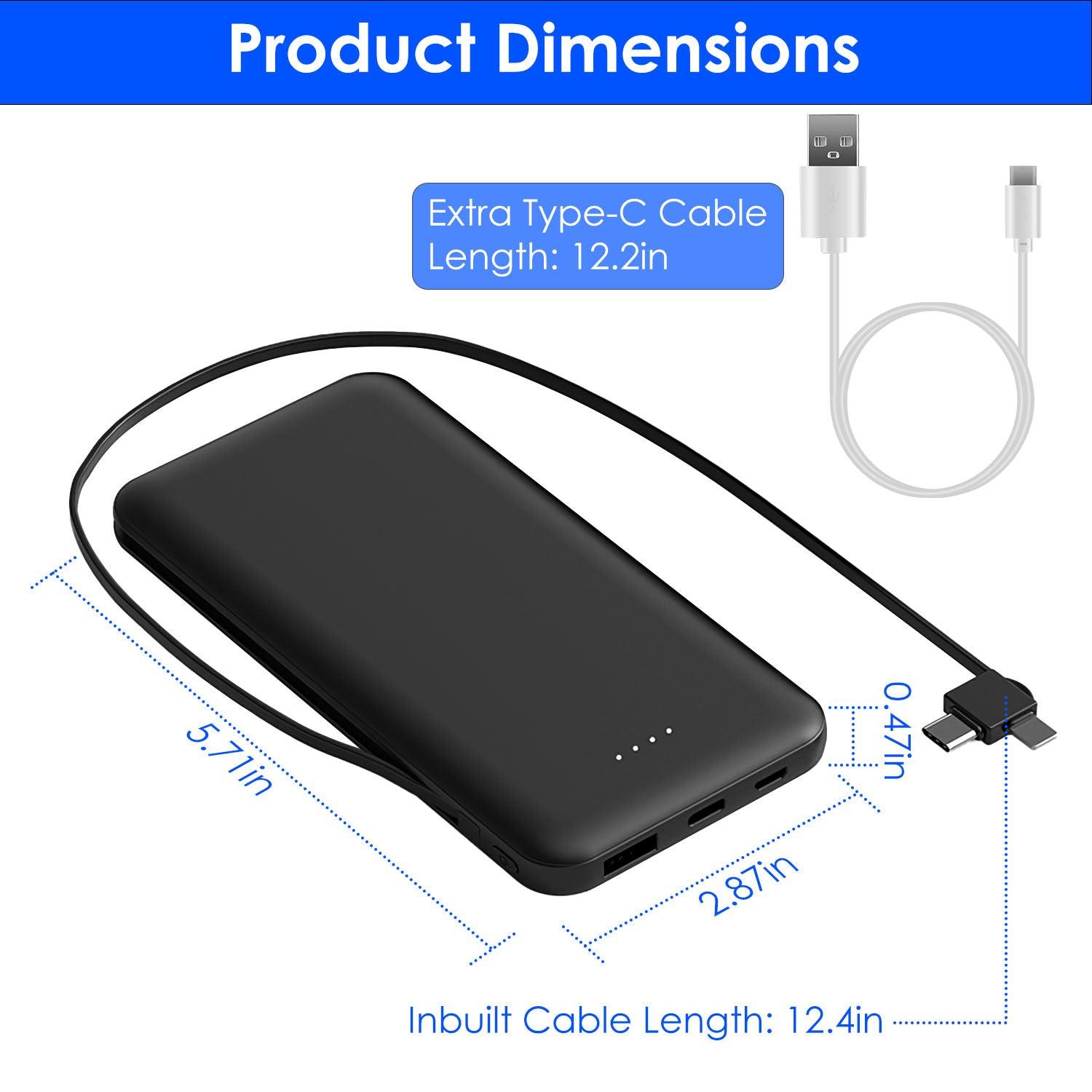 10000mAh Power Bank Portable Charger Built-In Lightning Type-C Cable 3 Devices iPhone Android