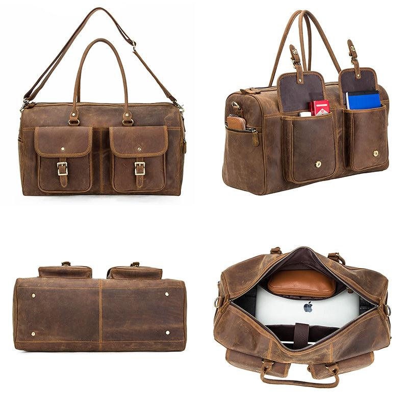 Retro Crazy Horse Leather Weekender Travel Duffel Bag with Laptop Compartment
