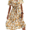 Women Bohemian Spring Short sleeve Casual flowy V-neck Tie belt Floral Summer Midi Dress