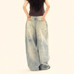 Washed Distressed Casual Loose Wide-leg Baggy Jeans Pant Splash-ink Design Slimming Unisex Style Mop Pants Men And Women