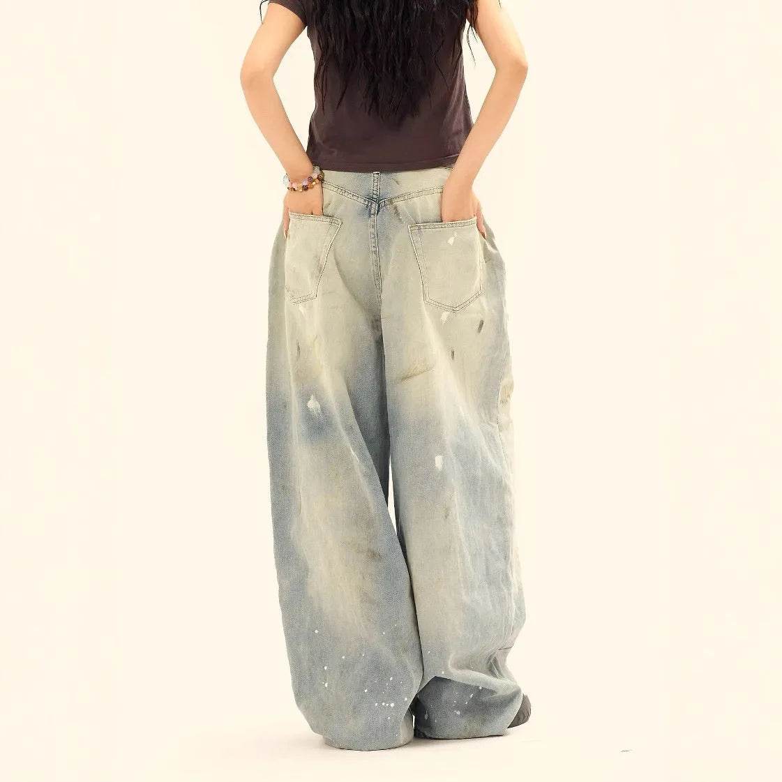 Washed Distressed Casual Loose Wide-leg Baggy Jeans Pant Splash-ink Design Slimming Unisex Style Mop Pants Men And Women