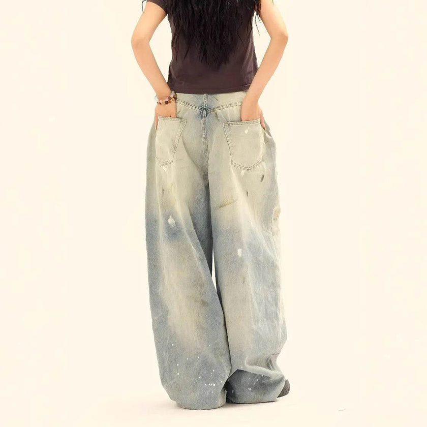 Washed Distressed Casual Loose Wide-leg Baggy Jeans Pant Splash-ink Design Slimming Unisex Style Mop Pants Men And Women