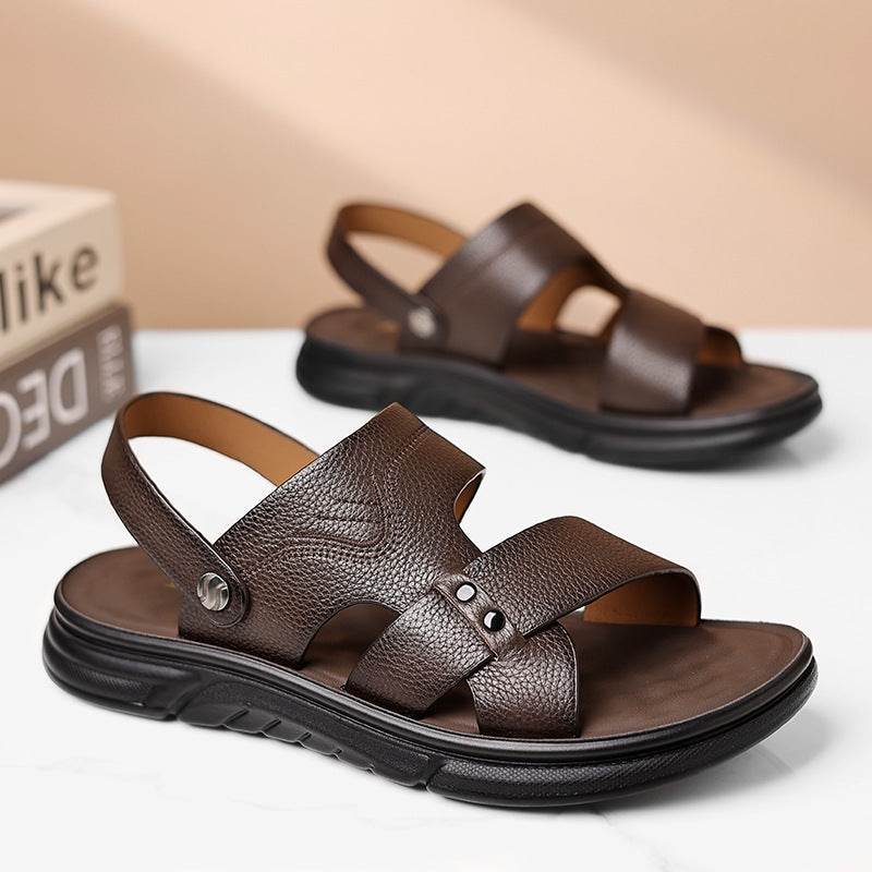 Men’s Premium Leather Cross-Strap Sandals – Breathable Open-Toe Casual Comfort Shoes
