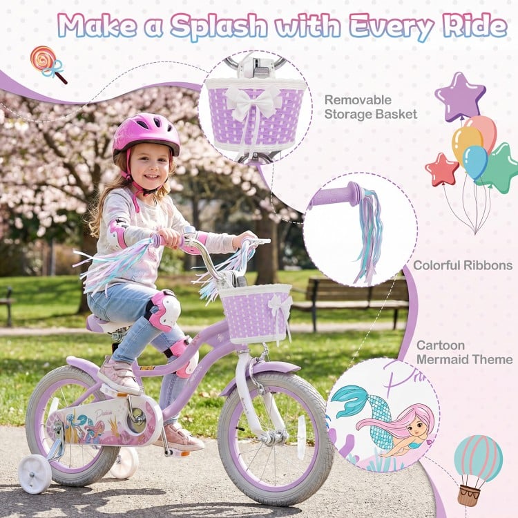 14 Inch Kids Bike Adjustable with Basket and Streamers Purple - Princess of the Sea Theme