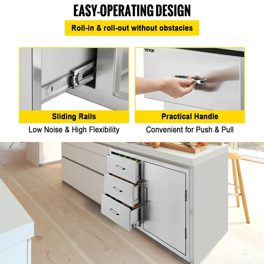 VEVOR Outdoor Kitchen Door Drawer Combo 38.1\'\'W x 22.6\'\'H x 20.8\'\'D, BBQ Access Door/Triple Drawers Combo with Stainless Steel Handles, Perfect for BBQ Island Patio Grill Station