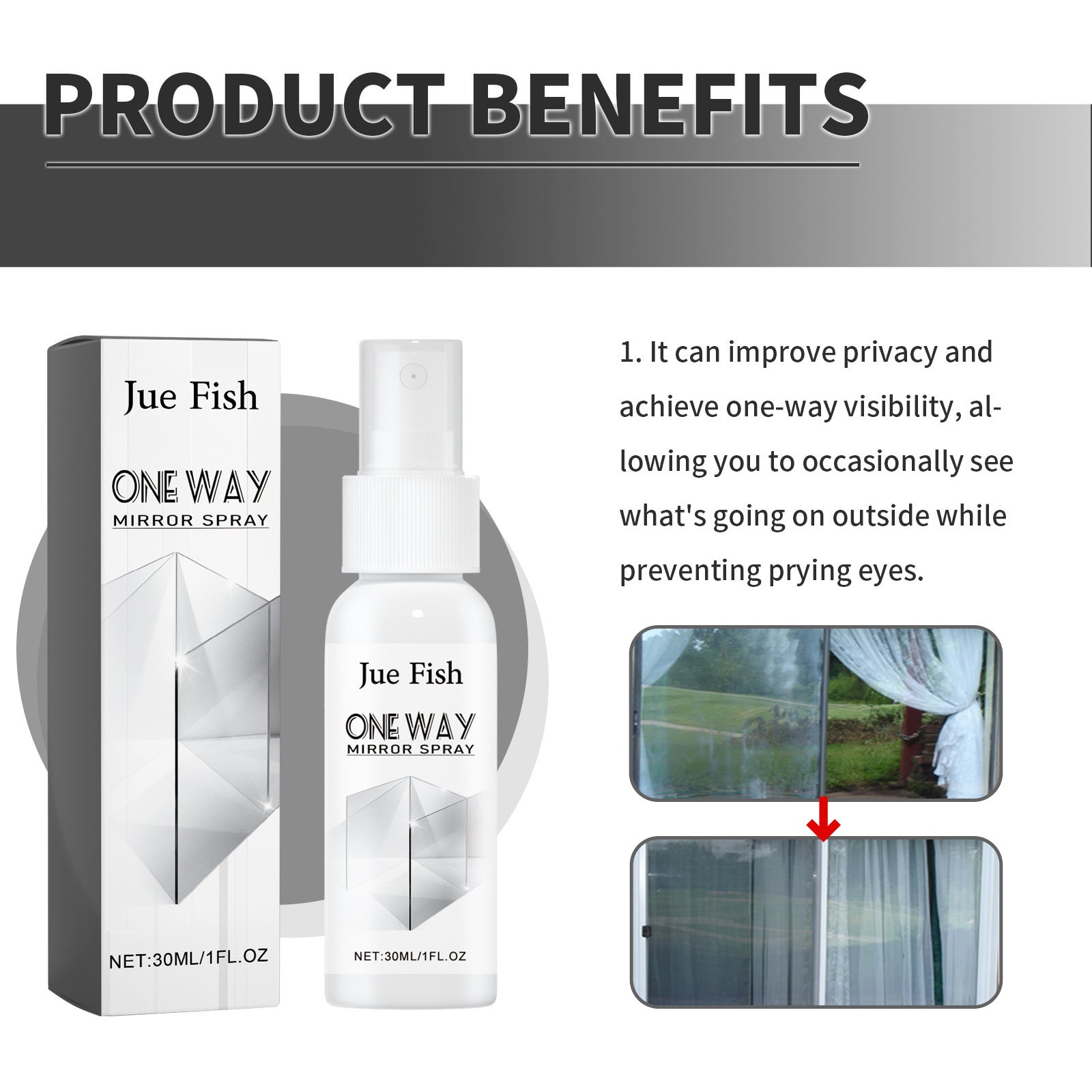 Jue-Fish Reflective Mirror Spray — Anti-Fog Glass Cleaner for Car Mirrors & Bathroom Glass (30ml)