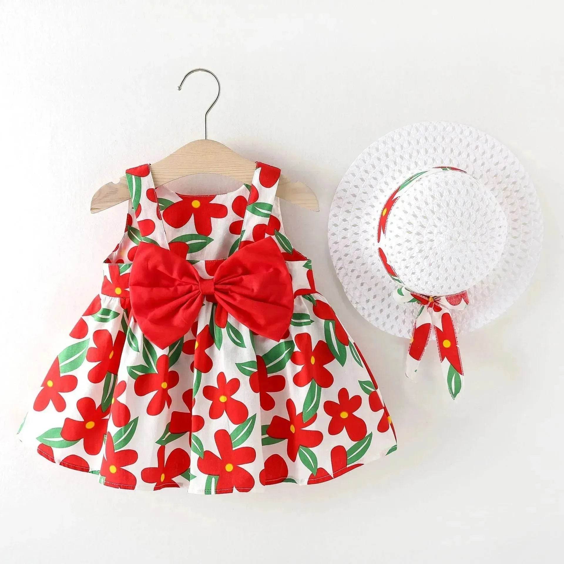 Baby Girl Floral Princess Dress with Matching Hat – Cotton Suspender Sundress for Toddlers
