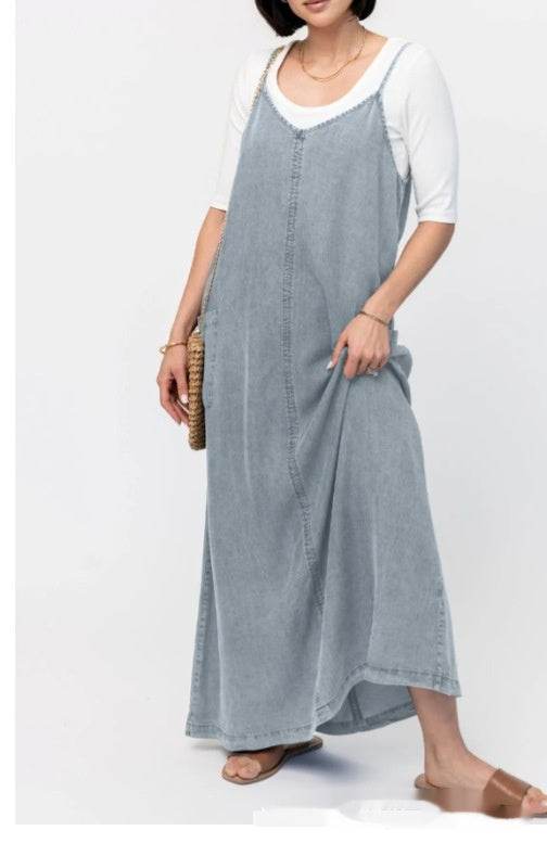 New Suspender Leisure Denim mum loose long Dress