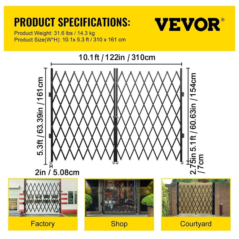 Double Folding Security Gate, 5.1 H X 10.2 W Folding Door Gate, Steel Accordion Security Gate, Flexible Expanding Security Gate, 360 Rolling Barricade Gate, Scissor Gate Or Door With Keys