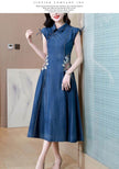 New Modified Version Denim Jeans Flared Midi Dress Female Machine Embroidery Retro