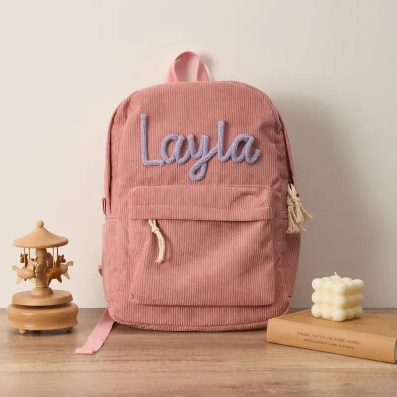 Personalised Children's School Bag – Cartoon Name Backpack (Beige, Blue, Green, Pink)