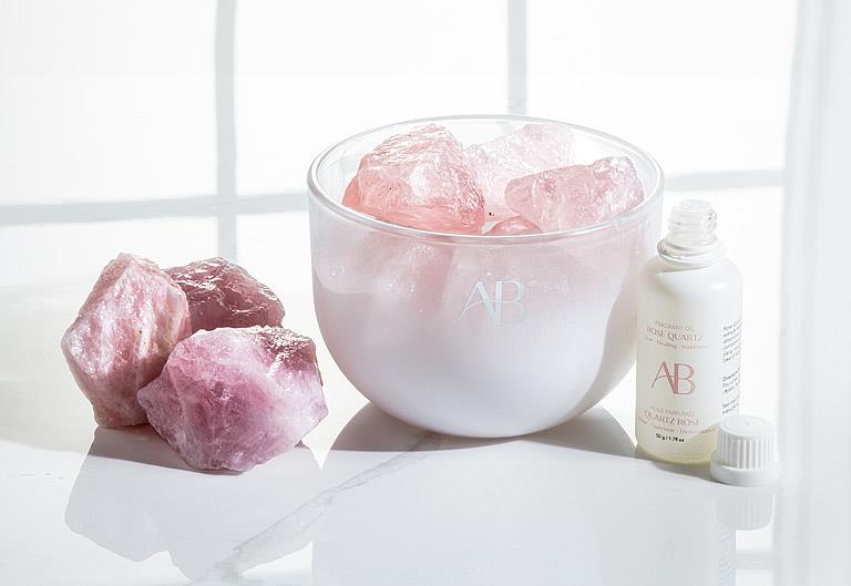 Rose Quartz Crystal Fragrance Bowl with Nurturing Love & Sandalwood Scent by Aromabotanical