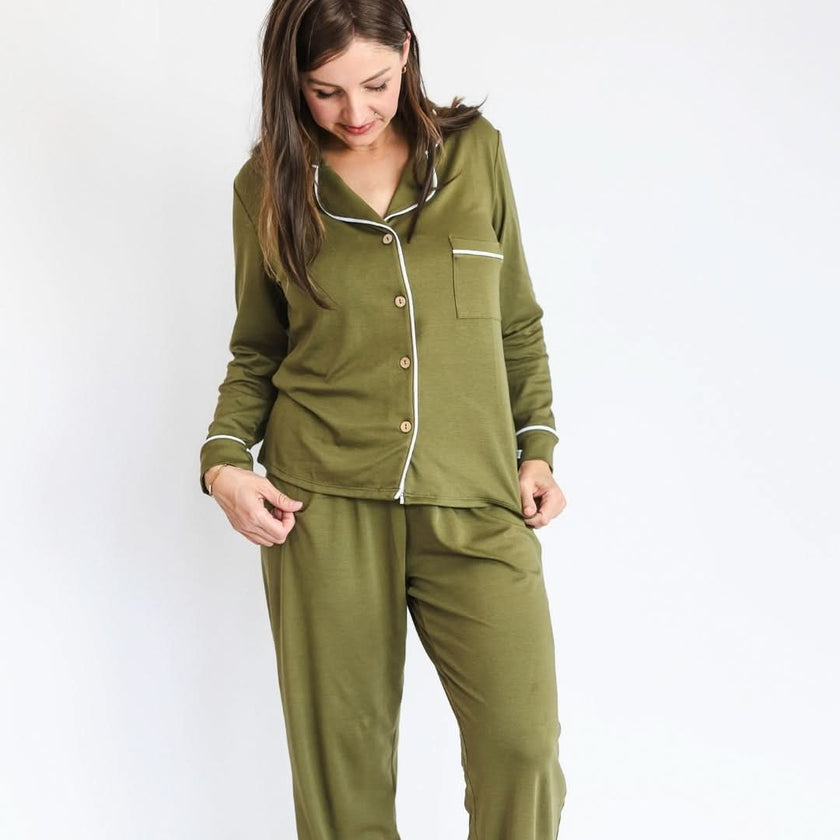 Ladies’ Bamboo Long Sleeve Button-Up Lounge Set | Olive