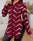 Lyxana Open Placket Foil Print Random Cut Shoulder Long Sleeve Cinched Waist Blouse Women tunic Shirt